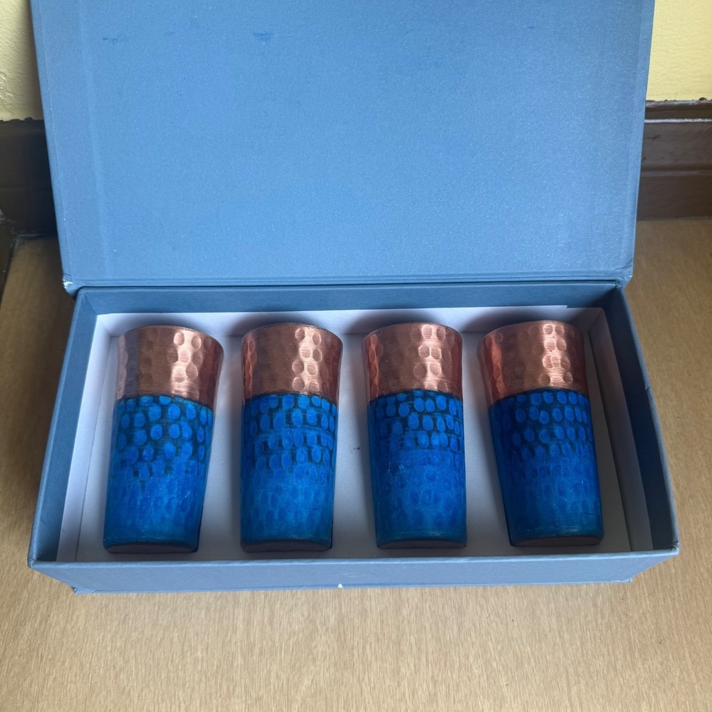 Marquesa de Mancera Copper Shot Glass Set 4pc Blue Hammered Excellent Artisanal